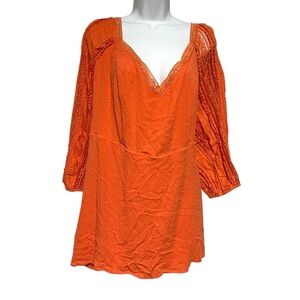 Torrid Bright Orange V-Neck Lace-Trim Tunic Plus Size 4X Ruched Back Boho Beachy
